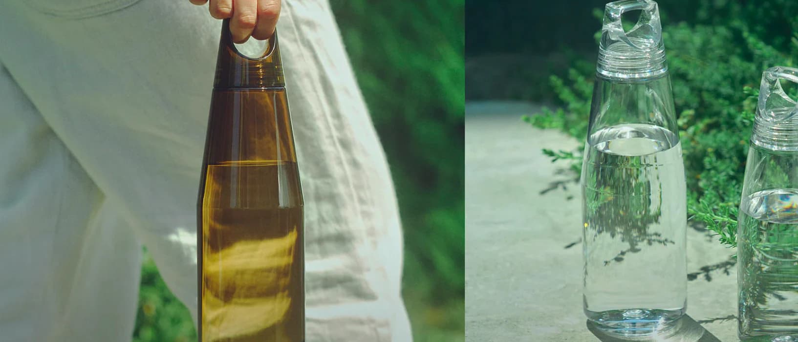 Storefront lifestyle photography: a glass bottle carried against linen, beside bottles photographed outdoors