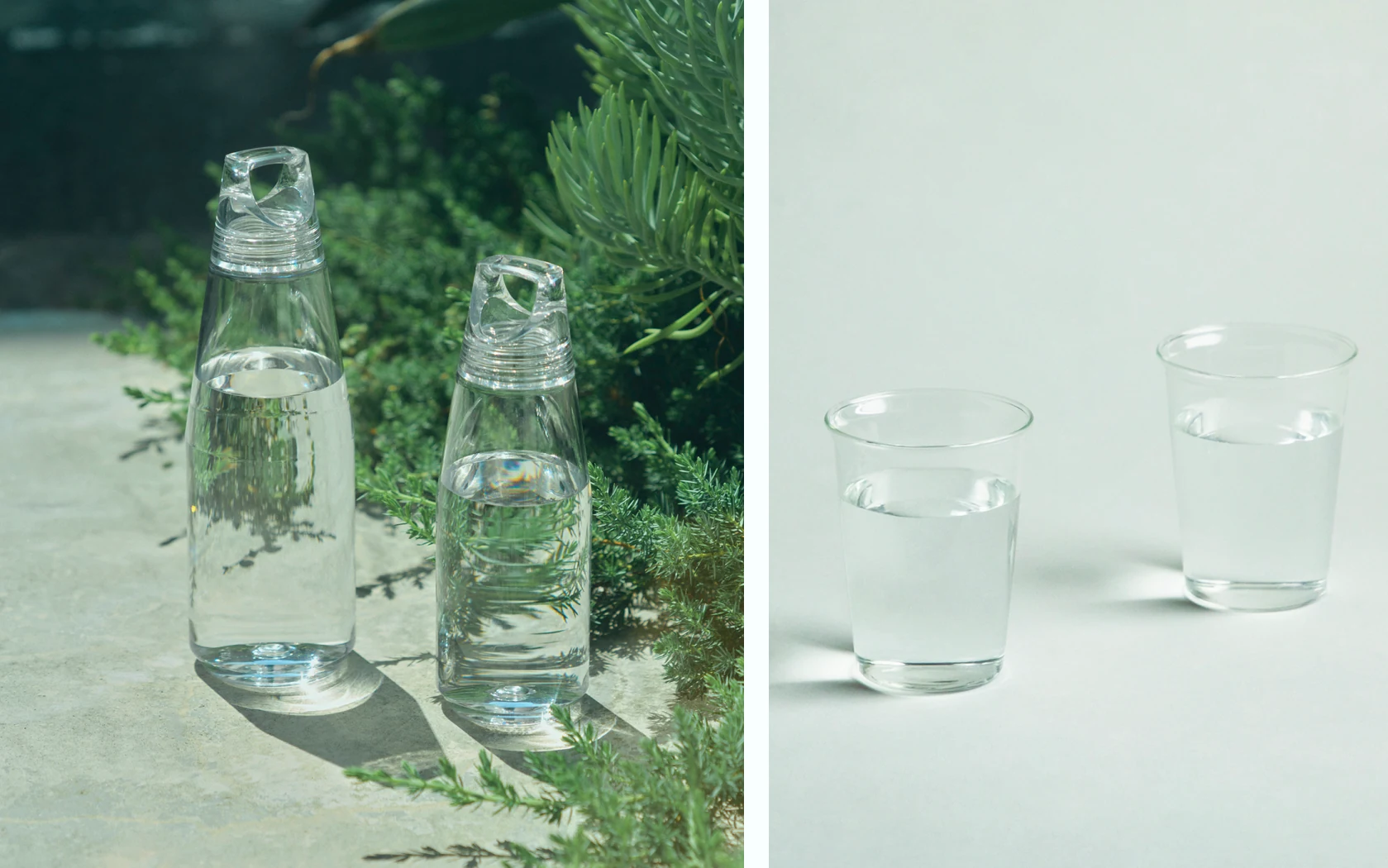 Product carousel cards showing bottles photographed outdoors and glassware on a pale ground